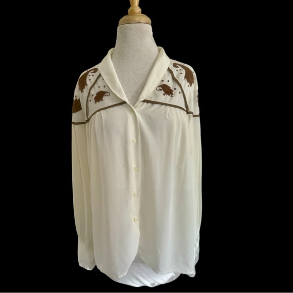 Vtg 80s ERENA By Irene Koenig Ivory Embroidered Pleated Blouse Sz 10 French Cuff - Picture 2 of 9